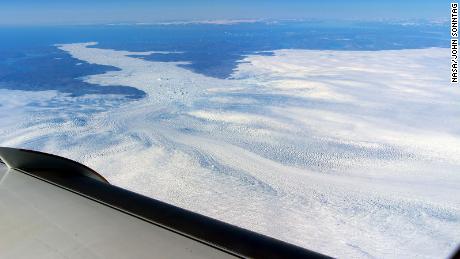 View of Jakobshavn glacier from the window of a NASA research plane.