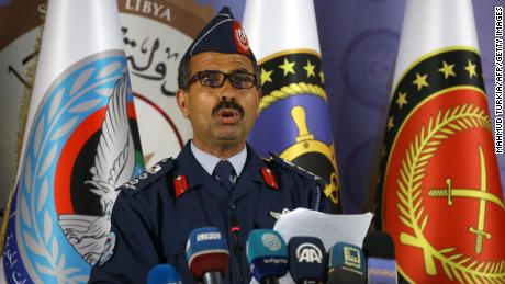 A spokesman for the Libyan forces of the Government of National Accord (GNA) holds a press conference in Tripoli on April 7.