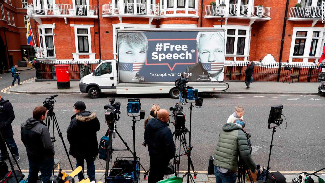 A van displays images of Assange and Chelsea Manning, the former Army intelligence analyst who supplied thousands of classified documents to WikiLeaks, outside the Ecuadorian Embassy in London in April 2019. A senior Ecuadorian official at the time said no decision had been made to expel Assange from the embassy. According to WikiLeaks tweets, sources had told the organization that Assange could be kicked out of the embassy within &quot;hours to days.&quot;