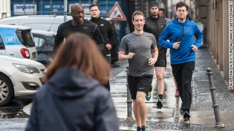 Mark Zuckerberg of Facebook works with bodyguards in Germany in 2016.