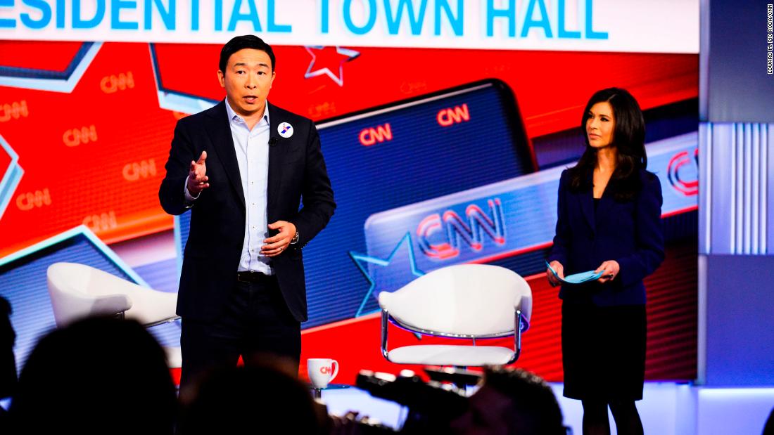 Yang talks to audience members in Washington during a CNN town hall moderated by Ana Cabrera in April 2019.