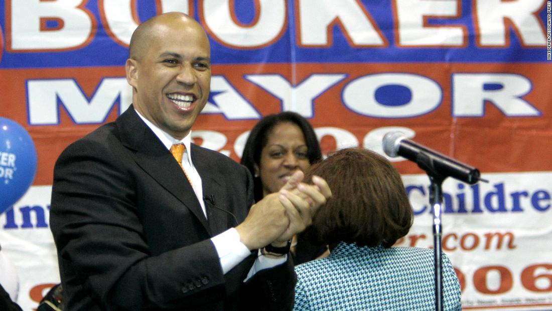 Booker celebrates in May 2006 after he was elected as Newark&#39;s mayor. He defeated Deputy Mayor Ronald Rice after incumbent Sharpe James decided to focus on the state Senate.