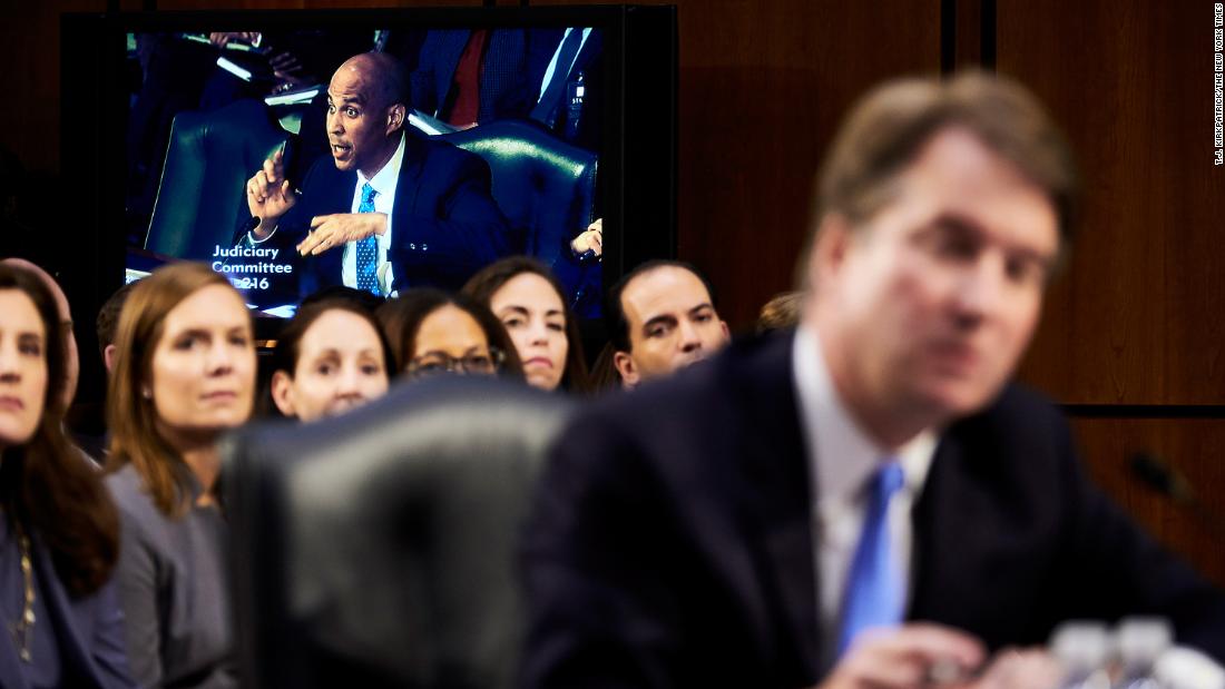 Booker questions Judge Brett Kavanaugh, President Trump&#39;s nominee for the US Supreme Court, during Kavanaugh&#39;s confirmation hearing in September 2018.