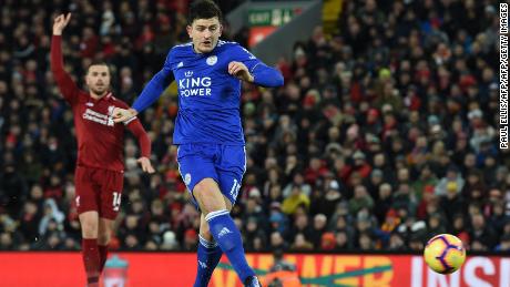 Leicester City&#39;s Harry Maguire shoots to score in the 1-1 draw at Liverpool.