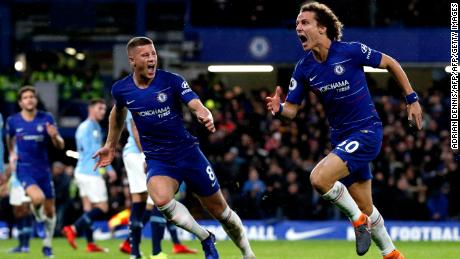 Chelsea&#39;s  David Luiz (R) celebrates with Ross Barkley after scoring his side&#39;s second goal in the 2-0 win over Manchester City.
