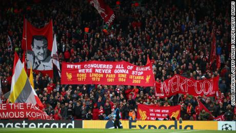 Liverpool fans at Anfield during Champions League semifinal against Barcelona.