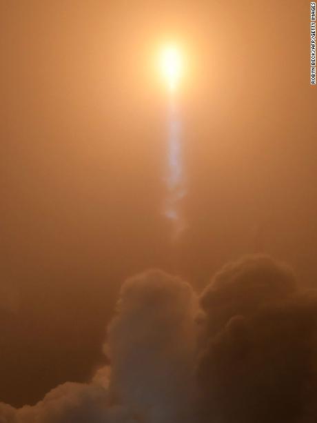 The NASA InSight spacecraft launches onboard a United Launch Alliance Atlas-V rocket on May 5, 2018, from Vandenberg Air Force Base in California. - NASA on May 5 launched its latest Mars lander, called InSight, designed to perch on the surface and listen for &quot;Marsquakes&quot; ahead of eventual human missions to explore the Red Planet. (Photo by Robyn Beck / AFP) /         (Photo credit should read ROBYN BECK/AFP/Getty Images)