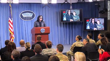 Gene Simmons at the podium of the Pentagon's briefing room (Credit: Ryan Browne and Barbara Starr)