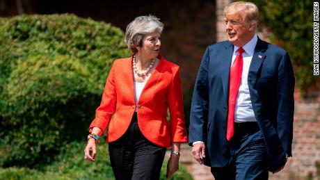 British Prime Minister Theresa May and US President Donald Trump before a joint press conference at Checkers on July 13, 2018 in Aylesbury, England. 