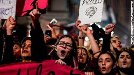 Women from the feminist movement &quot;Non Una Meno&quot; (Not One Less) protest in Rome on March 8, 2019, to mark International Women&#39;s Day, over numerous causes including male violence against women, gender discrimination, and harassment in the workplace. 