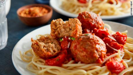 Beyond Meat&#39;s new &quot;ground beef&quot; in spaghetti and meatballs.