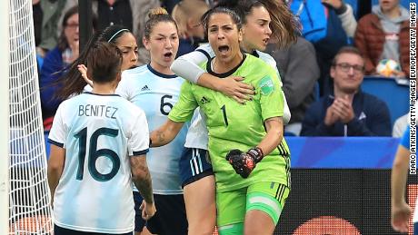 Vanina Correa (green) scored a penalty in Argentina's 1-0 defeat of England at the World Cup. 