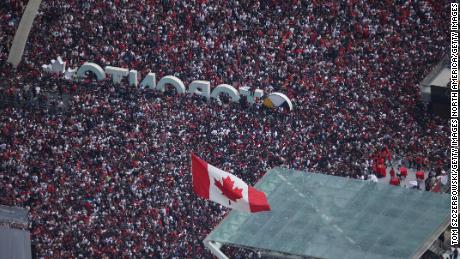 Fans gather at Nathan Phillips Square for the Toronto Raptors & # 39; NBA Championship Victory Parade.