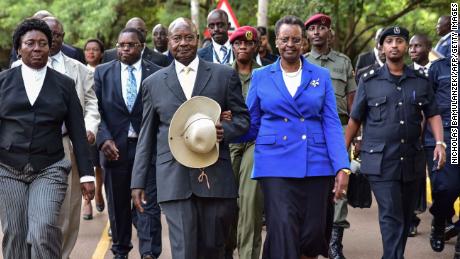 Ugandan President Yoweri Museveni alongside first lady Janet Museveni in June 2018.