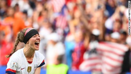 The defender of the US team, Becky Sauerbrunn, celebrates after the final whistle in the final match of the Women's World Cup 2019 between the United States and the Netherlands yesterday.