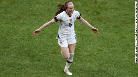 United States team's Rose Lavelle celebrates the team's second goal in the United States-Netherlands game.