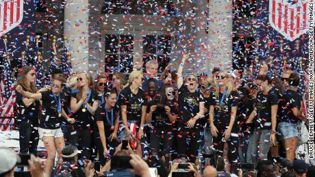 Members of the US Women's National Football Team are honored at a ceremony at City Hall on July 10 in New York City.