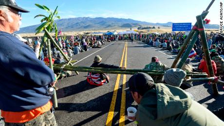Protesters continue their vigil against the construction of the thirty-meter telescope at Mauna Kea on the Big Island of Hawaii on Friday, July 19, 2019.