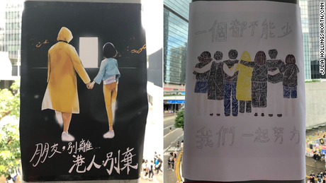 Protest posters depict a 35-year-old suicide victim in Admiralty, Hong Kong, on July 1, 2019. The one on the left reads: &quot;Friend, don&#39;t leave, Hong Kong people, don&#39;t give up.&quot; On the right: &quot;No one can be lacking, we need to work hard together.&quot;