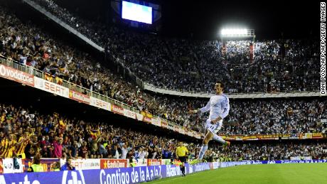 Gareth Bale celebrates after scoring during the Copa del Rey final against Barceona.