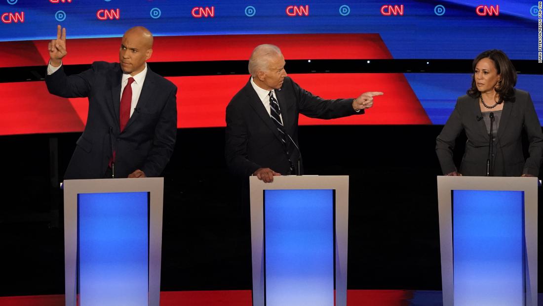 Booker looks to be called on during the CNN Democratic debates in July 2019.