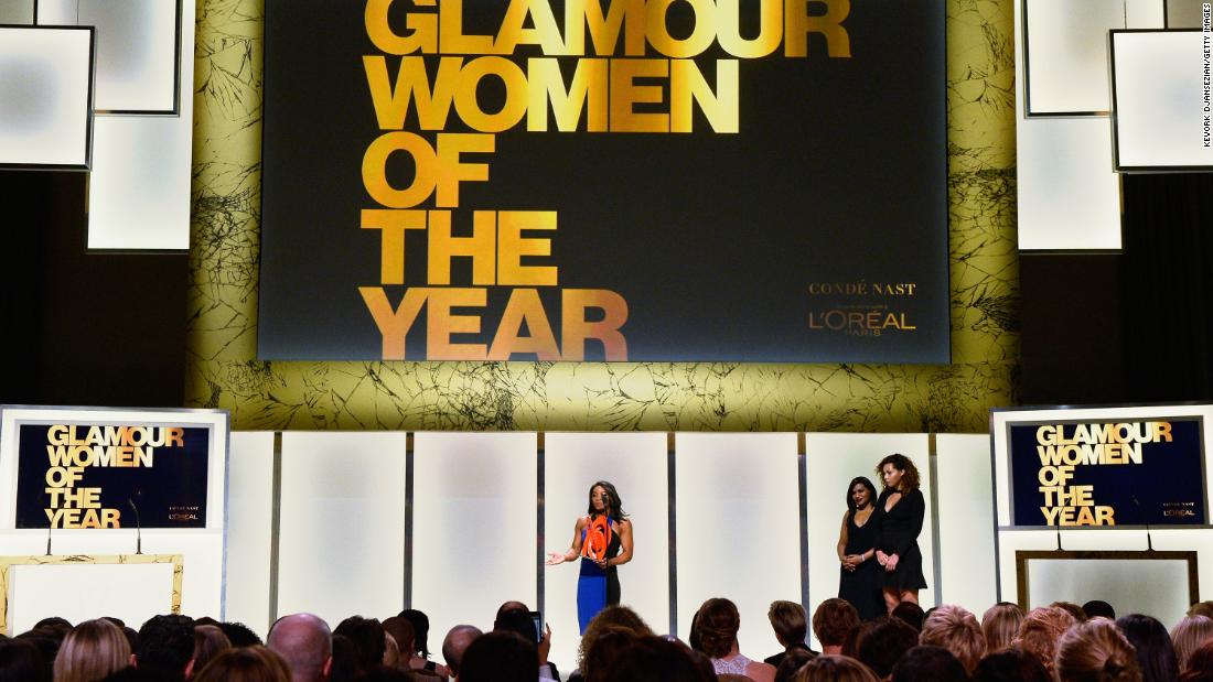 Biles speaks onstage during Glamour&#39;s Women of the Year event in 2016.