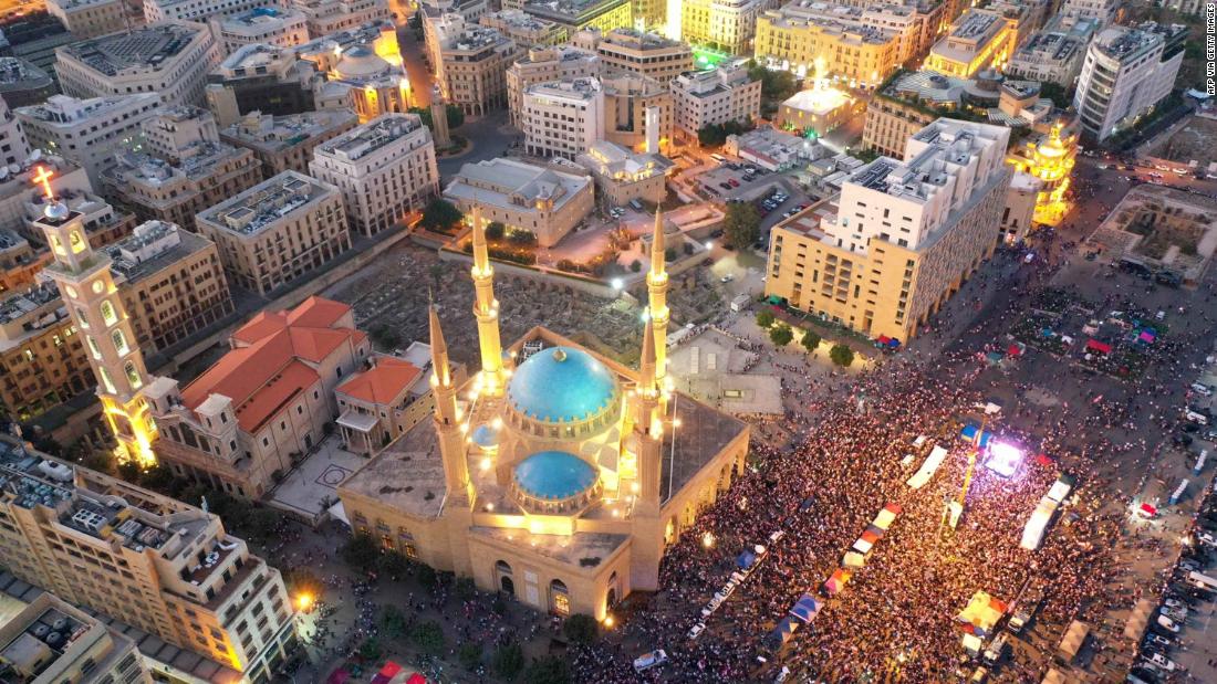 An aerial view shows thousands of Lebanese protesters gathered in Beirut&#39;s downtown district on Sunday.
