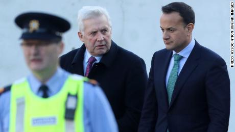 Irish Prime Minister Leo Varadkar, right, with MP Fergus O&#39;Dowd leaving the Drogheda police station on January 17.