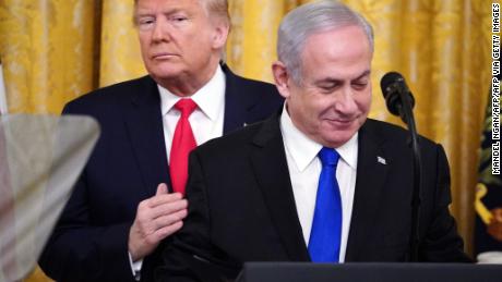 Trump and Netanyahu take part in an announcement of Trump&#39;s Middle East peace plan in the White House on January 28, 2020.