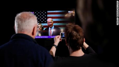 The Bidens speak to supporters in a televised message at a New Hampshire primary rally on February 11, 2020.