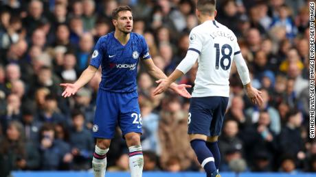 Chelsea&#39;s Cesar Azpilicueta and Giovani Lo Celso of Tottenham Hotspur are engaged in a heated discussion during their side&#39;s English Premier League match at Stamford Bridge.