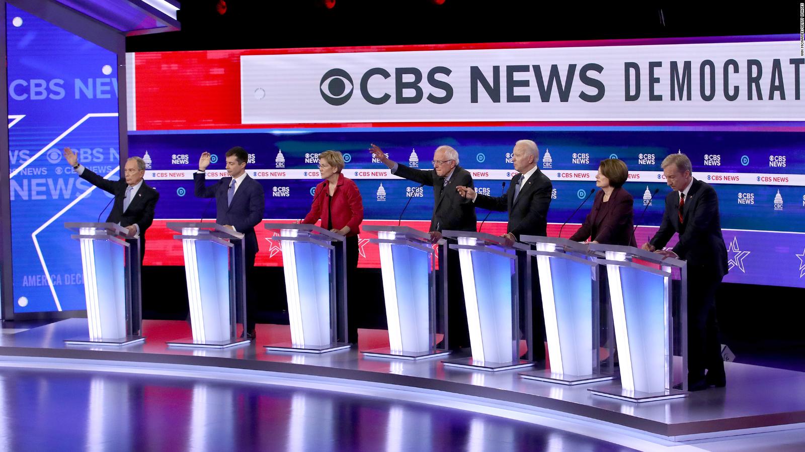 Democratic presidential candidates (L-R) former New York City Mayor Mike Bloomberg, former South Bend, Indiana Mayor Pete Buttigieg, Sen. Elizabeth Warren (D-MA), Sen. Bernie Sanders (I-VT), former Vice President Joe Biden, Sen. Amy Klobuchar (D-MN), and Tom Steyer participate in the Democratic presidential primary debate at the Charleston Gaillard Center on February 25, 2020 in Charleston, South Carolina.
