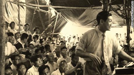 Olive Tree movement founder Park Tae-son at a rally in South Korea in the 1950s.