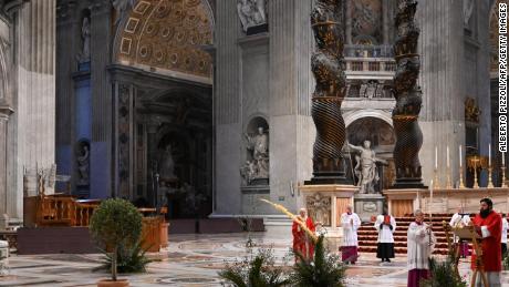 Pope Francis celebrates Palm Sunday mass behind closed doors at the Chair of Saint Peter in St. Peter&#39;s Basilica.