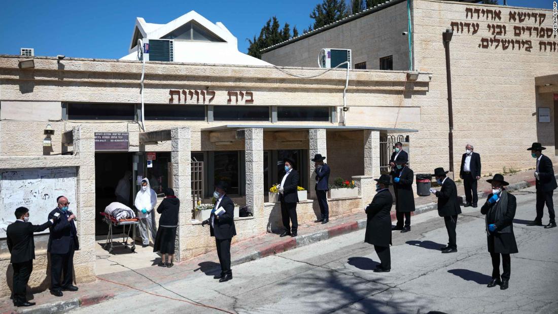 People in Jerusalem attend the funeral of Eliyahu Bakshi-Doron, 以色列&#39;s former chief rabbi who died from coronavirus complications.