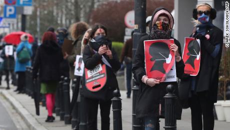Women&#39;s rights activists, wearing masks against the spread of the coronavirus in Warsaw, Poland, on April 15, 2020.