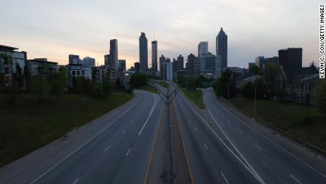 A view of an empty John Lewis Freedom Parkway into downtown Atlanta on April 4, 2020. A statewide shelter-in-place order for all residents went into effect on April 3. 