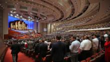 Over 20,000 members of the Church of Jesus Christ of Latter-day Saints and the Tabernacle Choir at Temple Square sing a song together at first session of the 189th Annual General conference of the church at the Conference Center on April 6, 2019 in Salt Lake City, Utah.