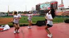 SK Wyverns cheerleaders at club&#39;s Happy Dream Ballpark during the Korean Baseball Organization (KBO) League opening game Tuesday.