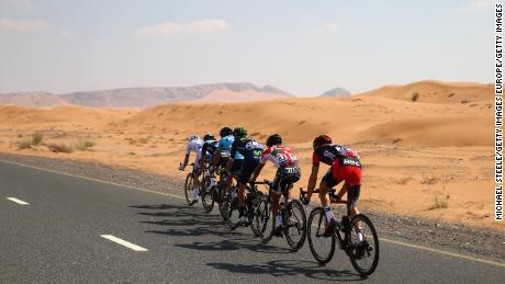 A breakaway group led by Team Novo Nordisk&#39;s Charles Planet races during the Tour of Dubai in 2016. 