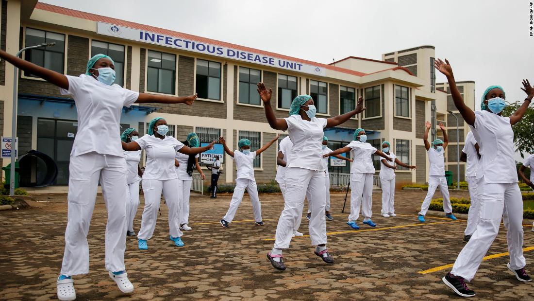 Nurses in Nairobi, Kenya, take part in a Zumba fitness class in the parking lot of the Kenyatta University Teaching, Referral and Research Hospital on May 17.