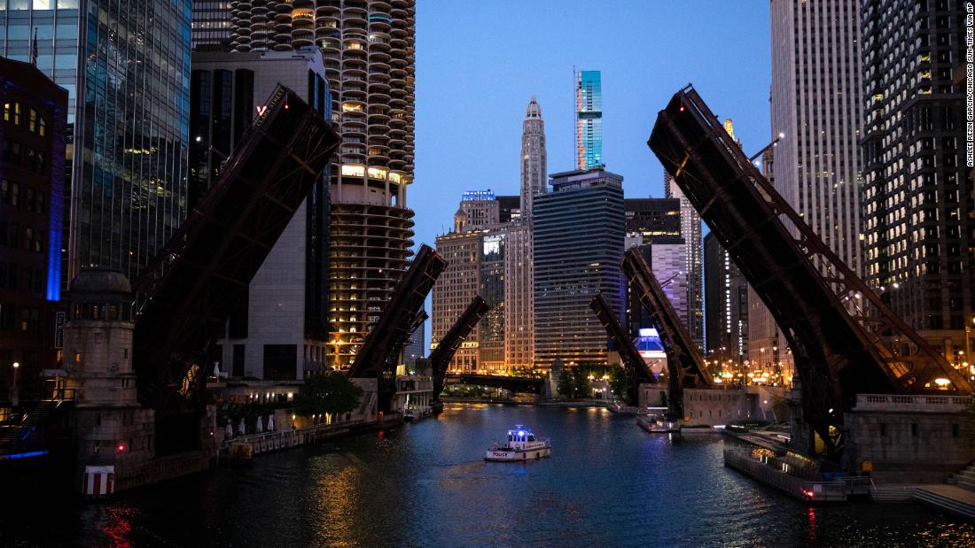 Bridges over the Chicago River are lifted to limit transportation to and from the Loop, where protesters clashed with police on May 30.