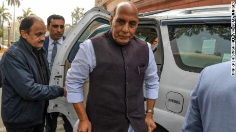 India&#39;s Defence Minister Rajnath Singh (C) arrives at the Parliament in New Delhi on February 11.