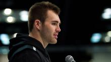 Georgia quarterback Jake Fromm answers questions from the media during the NFL Scouting Combine on February 25, 2020 at the Indiana Convention Center in Indianapolis, IN. 
