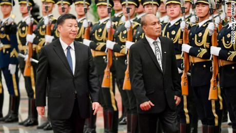 Kiribati President Taneti Maamau attends a welcome ceremony at the Great Hall of the People in Beijing alongside Chinese President Xi Jinping in January.