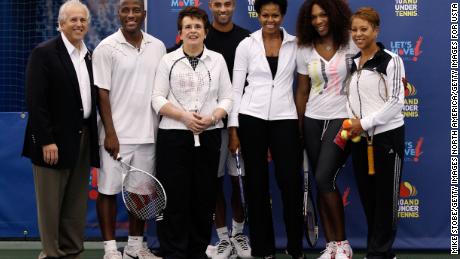 Chairman of the Board and President of the USTA Jon Vegosen, MaliVai Washington, Billie Jean King, James Blake, First Lady Michelle Obama, Serena Williams and Katrina Adams participate in the Let&#39;s Move! tennis clinic during Day Twelve of the 2011 U.S. Open.