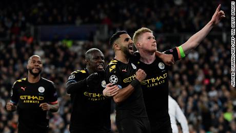 Kevin De Bruyne (right) celebrates scoring for City against Real Madrid in the Champions League earlier this season. 