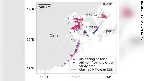 This graphic from Global Fishing Watch shows the location broadcast by all vessels identified as likely fishing ships sailing within North Korea&#39;s claimed exclusive economic zone during 2017 and 2018.