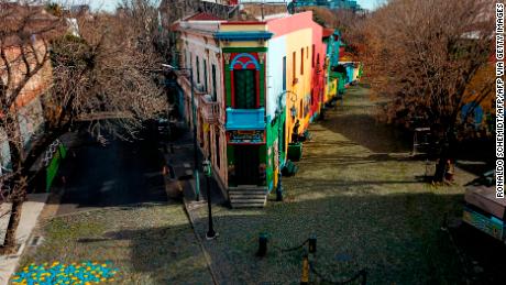 Aerial view of the empty Caminito street at La Boca neighbourhood in Buenos Aires, on July 9, 2020 amid the new coronavirus pandemic. - Buenos Aires' La Boca neighbourhood has been hit hard by the lack of tourists due to the pandemic. (Photo by Ronaldo SCHEMIDT / AFP) (Photo by RONALDO SCHEMIDT/AFP via Getty Images)
