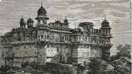 Durjan Sal Palast, Bharatpur. Stich aus Indien, 1877, von Louis Rousselet.